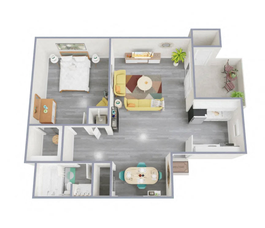 Floor plan for 1 bed, 1 bath, 684 sqft